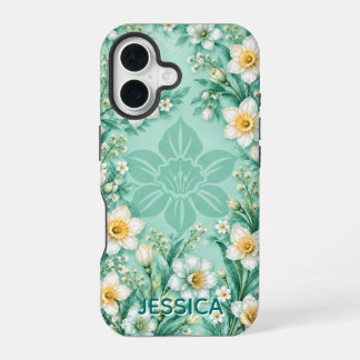 Elegant Mint Daffodil Flowers Custom iPhone 16 Case