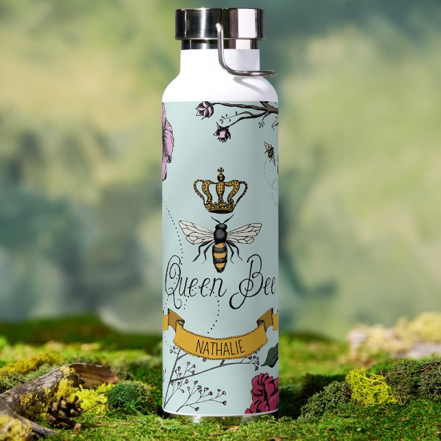 Elegant Mint Floral Queen Bee Water Bottle (Elegant Queen Bee Gold Crown Water Bottle in Soft Mint for Her. Hand Drawn Floral Bee Illustration.)