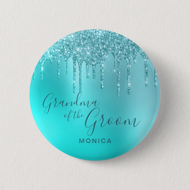 Elegant mint glitter drips grandma of the groom 6 cm round badge (Front)