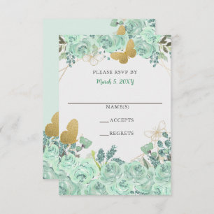 Elegant Mint Gold Butterflies Floral RSVP Card