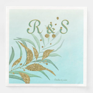 Elegant Mint, Gold Watercolor Foliage Monogram Napkin