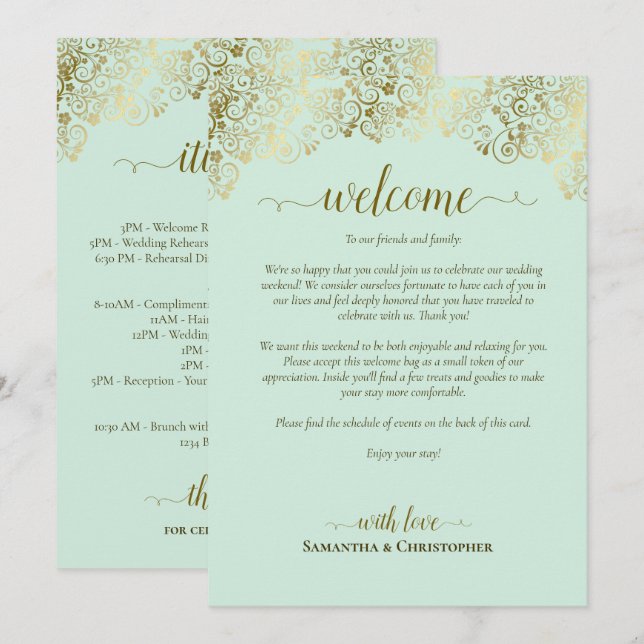 Elegant Mint & Gold Wedding Welcome & Itinerary Programme (Front/Back)