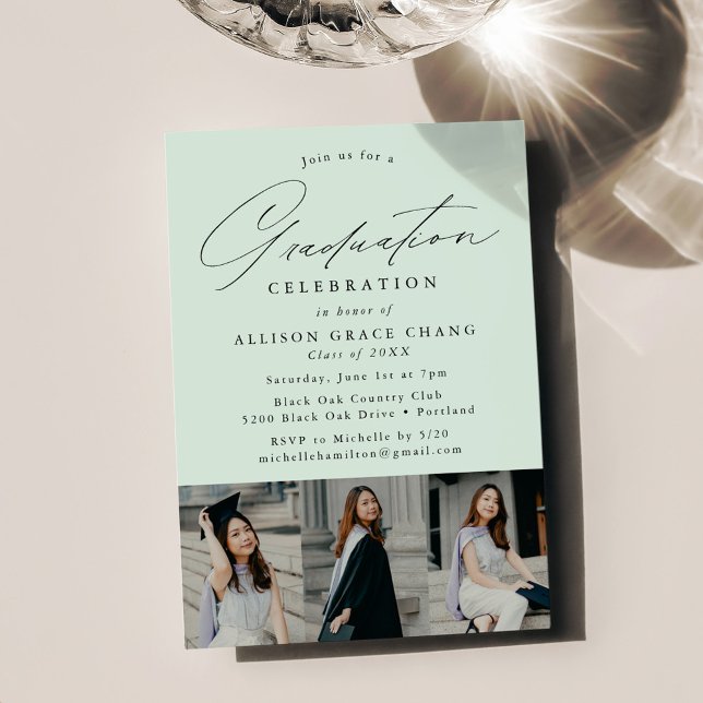 Elegant Mint Green 3 Photo Graduation Party Invitation (Creator Uploaded)