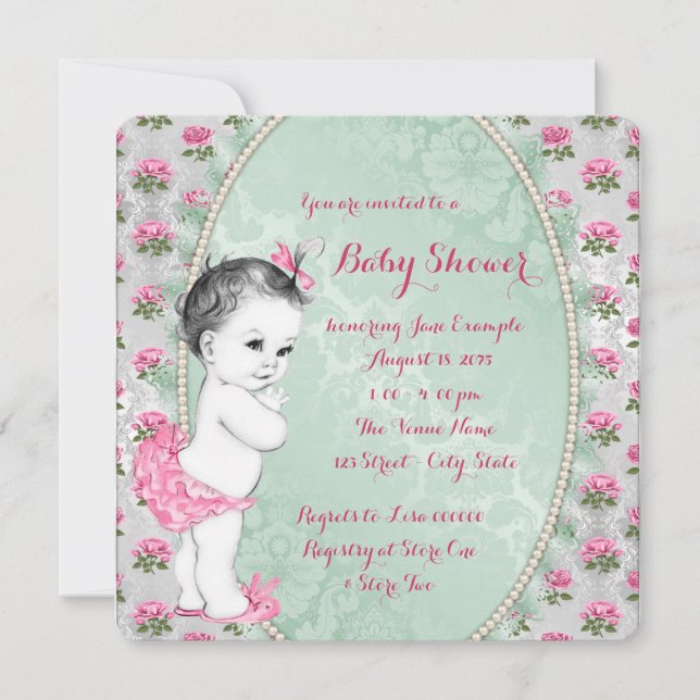 Elegant Mint Green and Pink Rose Baby Girl Shower Invitation (Front)