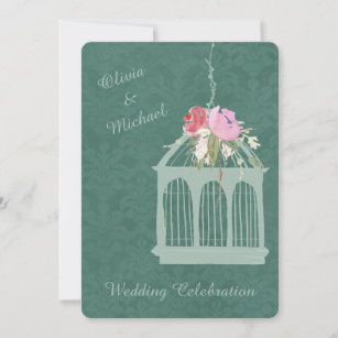 Elegant Mint Green Bird Cage Floral Wedding Invitation