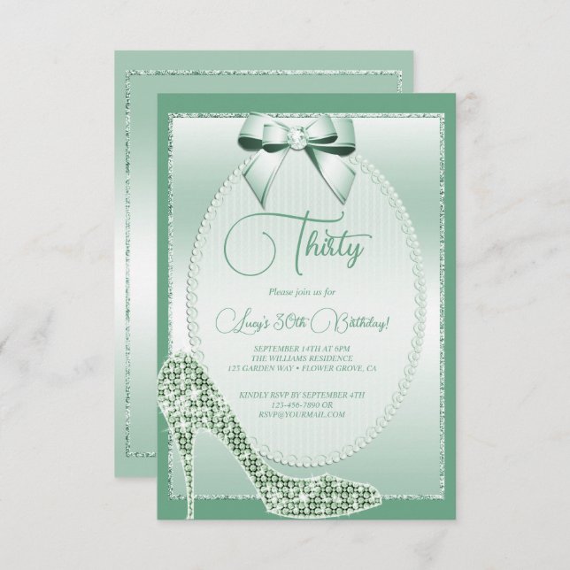 Elegant Mint Green Bow & Stiletto Birthday Invitation (Front/Back)