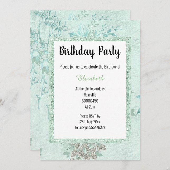 ELEGANT MINT GREEN FLORAL LAYERED BIRTHDAY INVITATION (Front/Back)