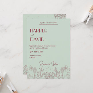 Elegant Mint Green Floral Line Wedding Invitation