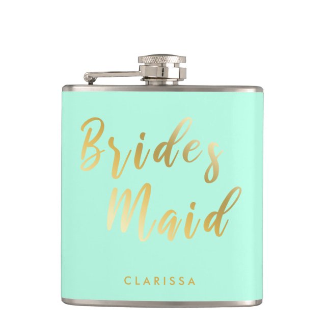 Elegant mint green & gold bridesmaid hip flask (Front)