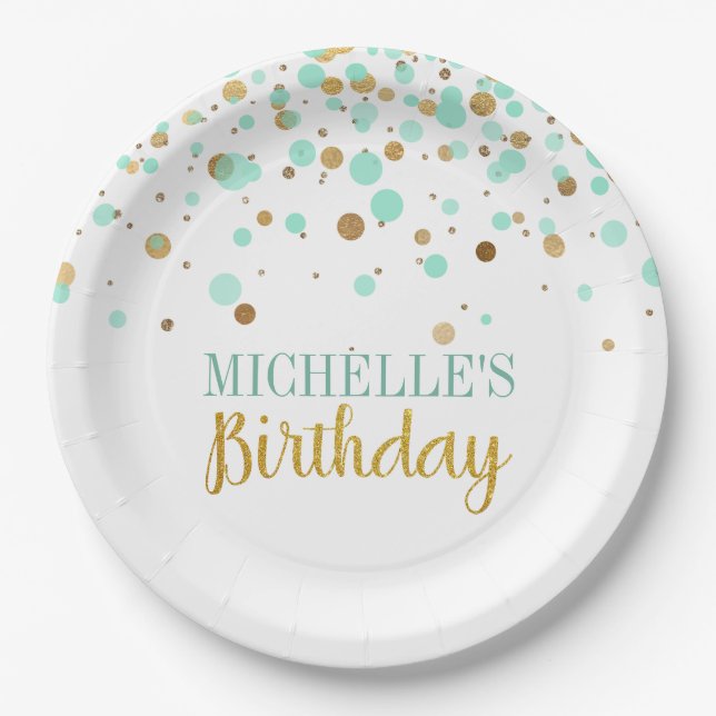 Elegant Mint Green Gold Confetti Girl Birthday Paper Plate (Front)