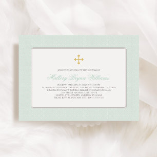 Elegant Mint Green Gold Cross Pattern Baptism Invitation