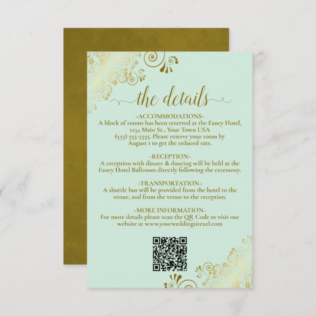 Elegant Mint Green & Gold Wedding QR Code Details Enclosure Card (Front/Back)