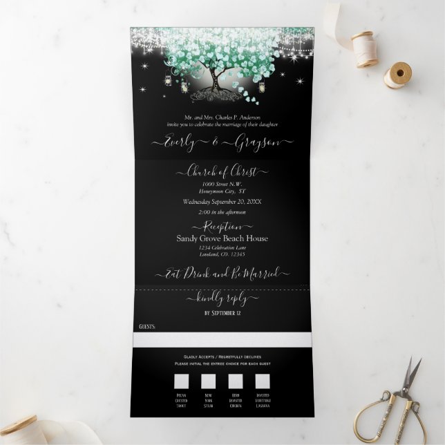 Elegant Mint Green Heart Leaf Wedding Tri-Fold Invitation (Inside)