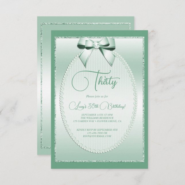 Elegant Mint Green Jeweled Bow Birthday Invitation (Front/Back)