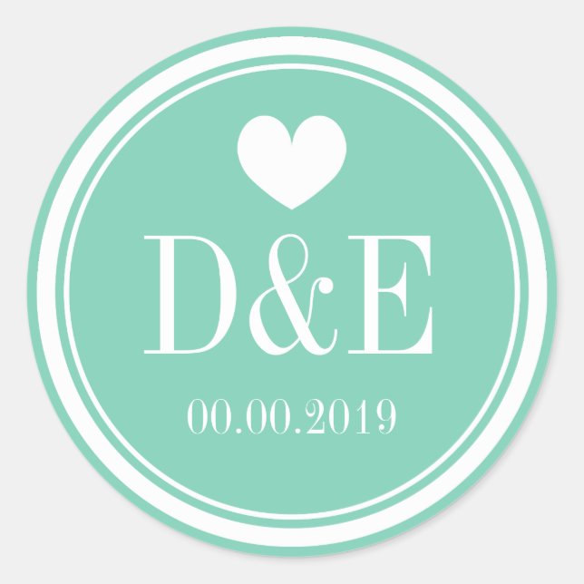 Elegant mint green monogram wedding stickers (Front)