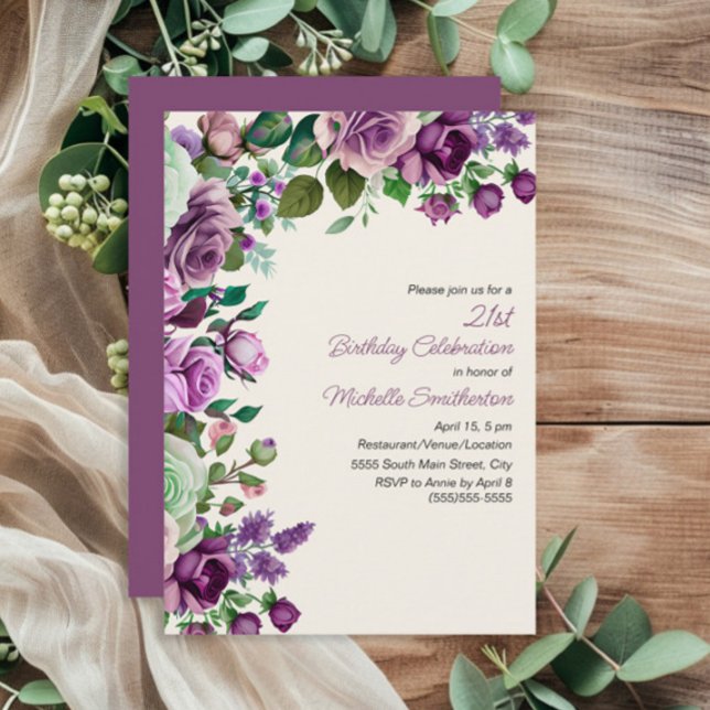 Elegant Mint Green Purple Floral 21st Birthday Invitation (Purple floral 21st birthday party invitation)