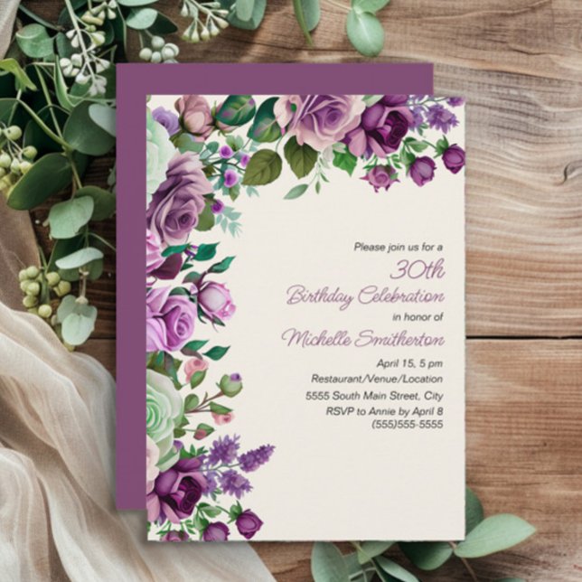 Elegant Mint Green Purple Floral 30th Birthday Invitation (Purple watercolor floral and mint green leaves 30th birthday party invitation)