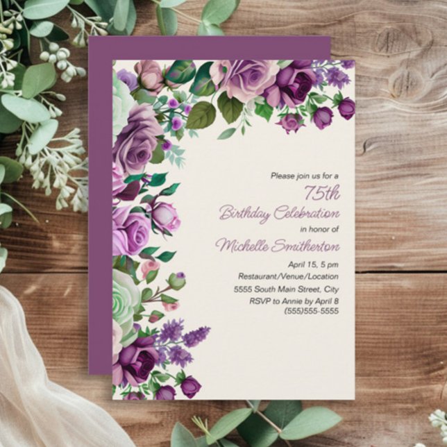 Elegant Mint Green Purple Floral 75th Birthday Invitation (Purple and mint green watercolor floral women's 75th birthday party invitation)