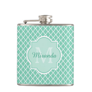 Elegant Mint Green Quatrefoil Monogram With Name Hip Flask