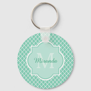 Elegant Mint Green Quatrefoil Monogram With Name Key Ring
