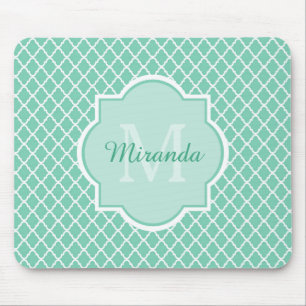 Elegant Mint Green Quatrefoil Monogram With Name Mouse Pad