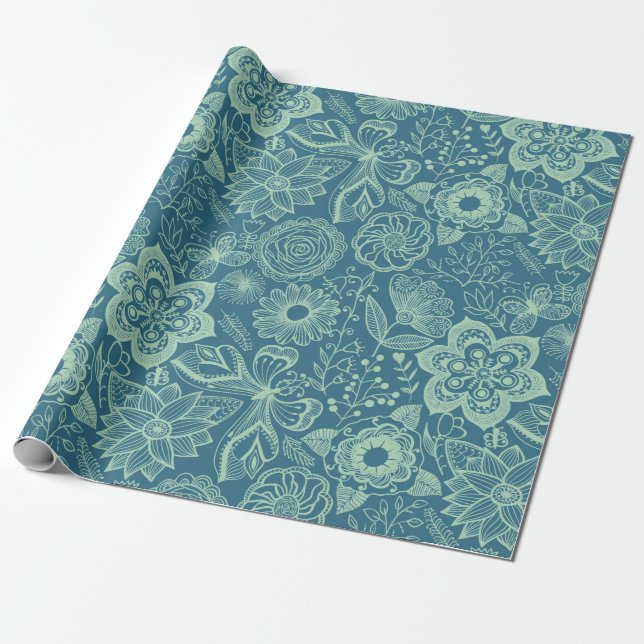 Elegant Mint-Green Tones Floral Lace Wrapping Paper (Unrolled)