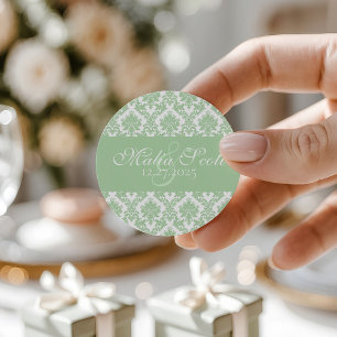 Elegant Mint Green White Damask Wedding Favour Classic Round Sticker