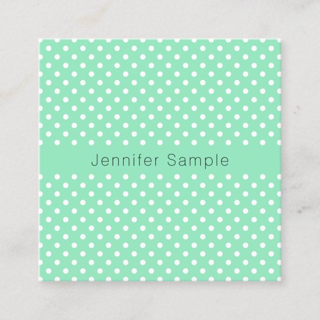 Elegant Mint Green White Dots Template Modern Square Business Card (Front)