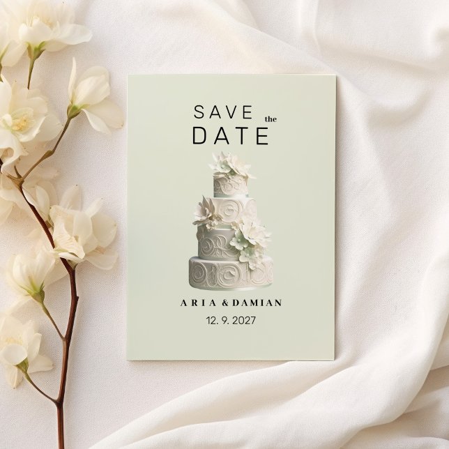 Elegant mint green white floral cake Save the Date Invitation (Elegant mint green white floral cake Save the Date )