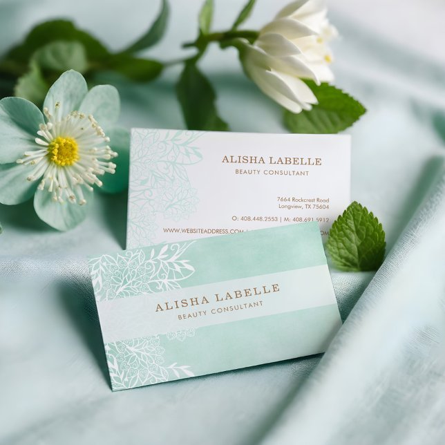 Elegant Mint Green & White Floral Foliage Lace Business Card (Elegant Mint Green & White Floral Foliage Lace Business Card)