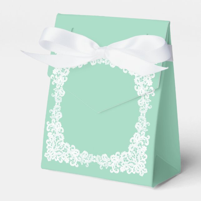 Elegant mint green & white lace favour box (Front Side)