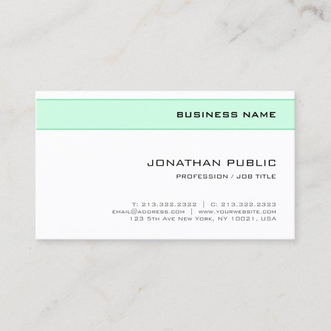 Elegant Mint Green White Modern Minimalist Design Business Card (Front)