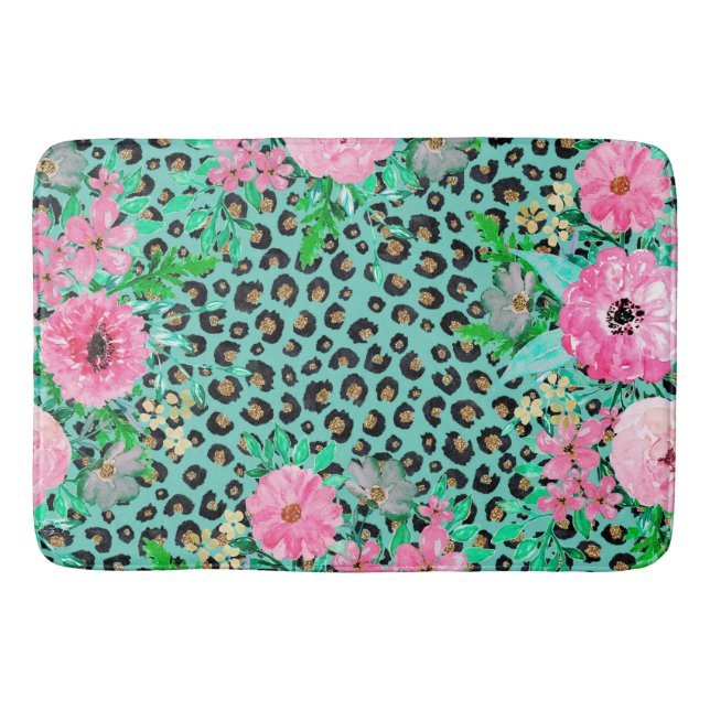 Elegant Mint Leopard Print and Floral Design Bath Mat (Front)
