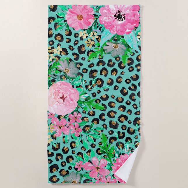 Elegant Mint Leopard Print and Floral Design Beach Towel (Front)