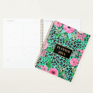 Elegant Mint Leopard Print and Floral Design Planner