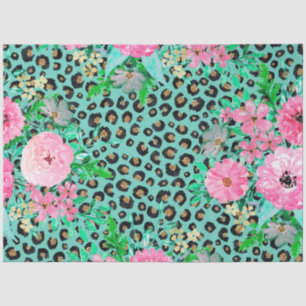 Elegant Mint Leopard Print and Floral Design Tissue Paper