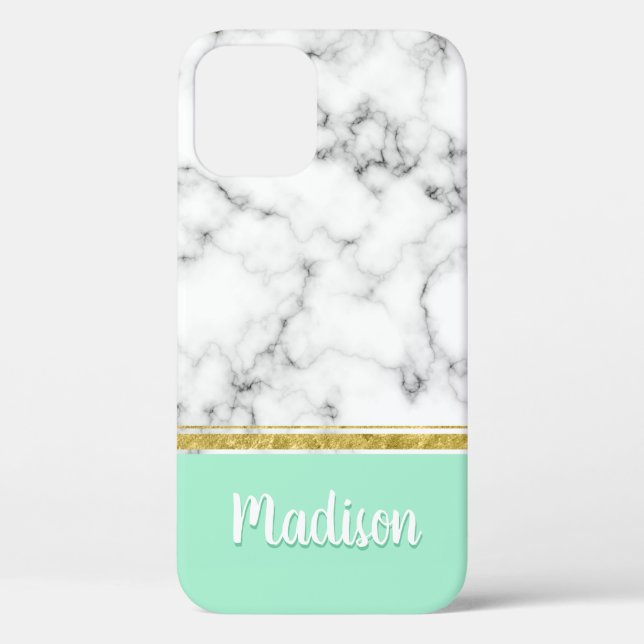 Elegant Mint Marble and Gold Custom Name Case-Mate iPhone Case (Back)