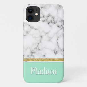 Elegant Mint Marble and Gold Custom Name Case-Mate iPhone Case