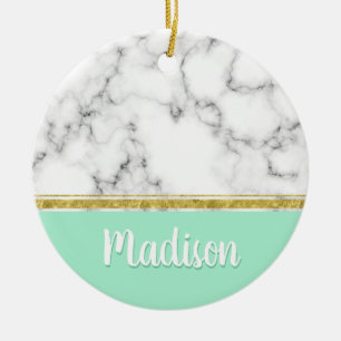 Elegant Mint Marble and Gold Custom Name Ceramic Tree Decoration