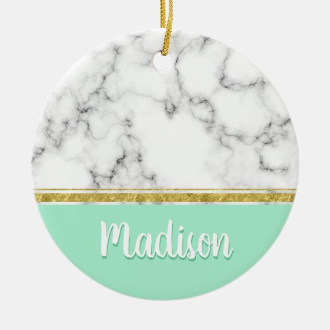 Elegant Mint Marble and Gold Custom Name Ceramic Tree Decoration (Front)