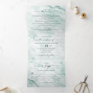 Elegant Mint Pastel Green Metallic Marble Wedding Tri-Fold Invitation