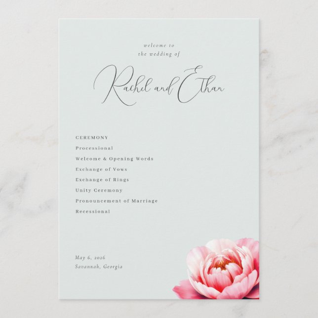 Elegant Mint Peony Wedding Programme (Front)
