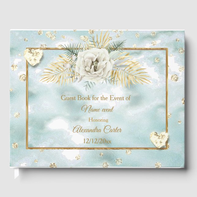 Elegant Mint Teal Blue Gold marble Rose Floral Guest Book (Front)