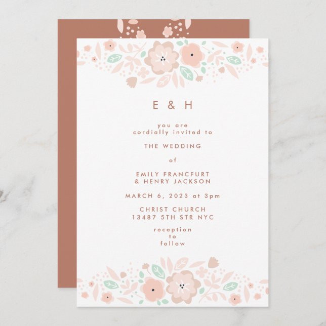 Elegant Mint Terracotta Boho Small Flowers Wedding Invitation (Front/Back)