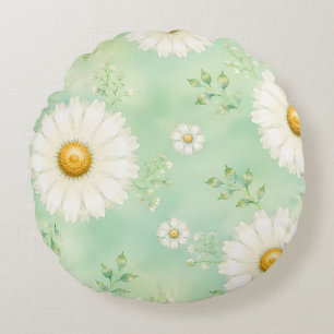 Elegant Mint Watercolor Daisy Round Cushion