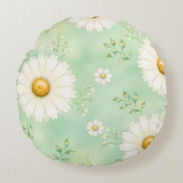 Elegant Mint Watercolor Daisy Round Cushion (Front)