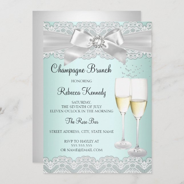 Elegant Mint White Lace Champagne Brunch Invite (Front/Back)