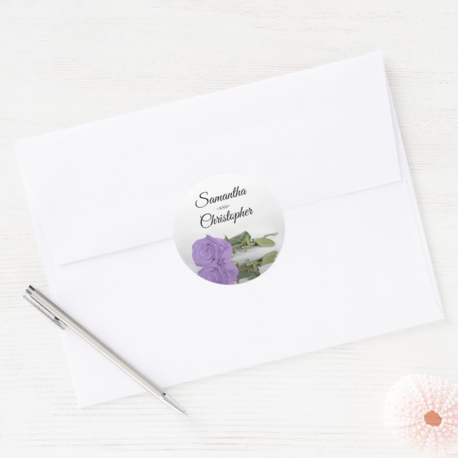 Elegant Mirrored Lavender Purple Rose Wedding Classic Round Sticker (Envelope)
