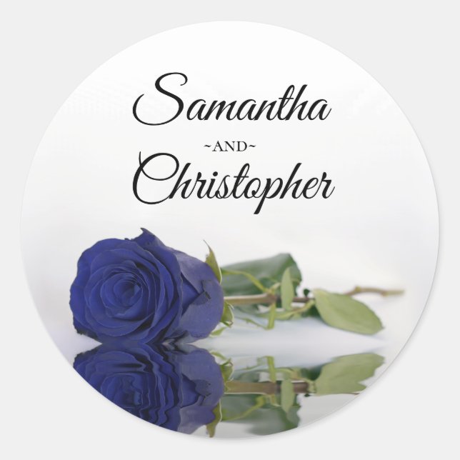 Elegant Mirrored Navy Blue Rose Wedding Classic Classic Round Sticker (Front)