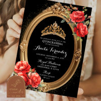 Elegant Mis Quince Black and Red Rose Invitation